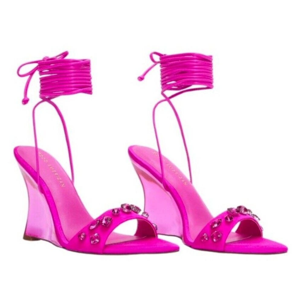 $195  Good American‎ Clear Heel Wedge Barbie Coded, Pink, Sz 7